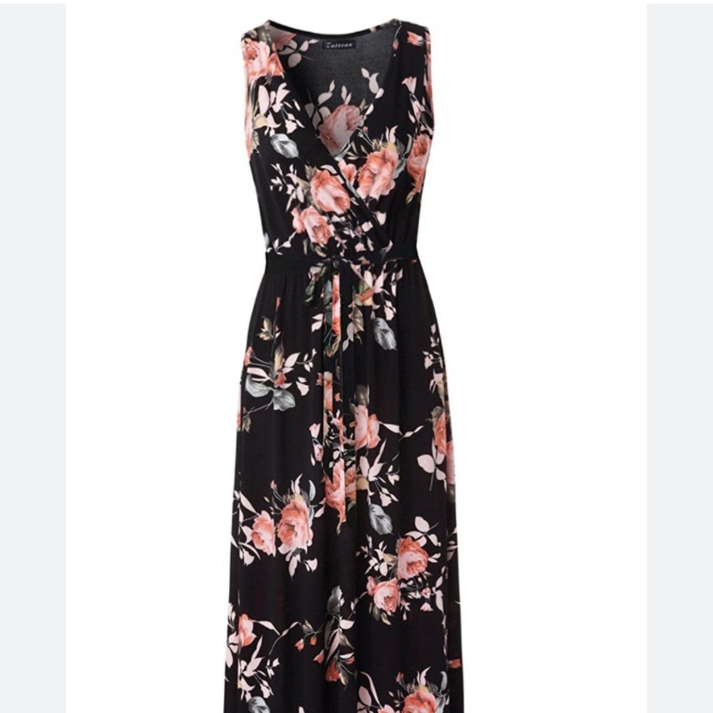 Zattcas Women's Sleeveless Peach Floral Knit V-Neck Maxi Dress Size SMALL